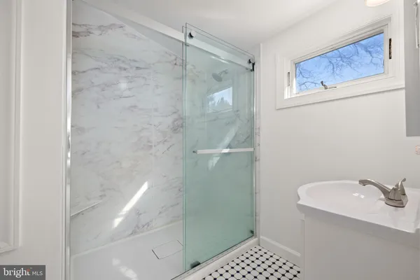 a bathroom with a shower and a sink