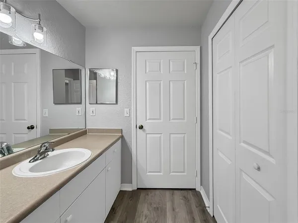 a bathroom with a sink and a mirror