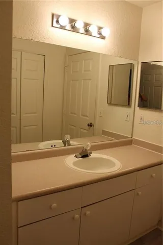 a bathroom with a sink and a mirror