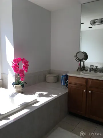 a bathroom with a sink mirror and vanity