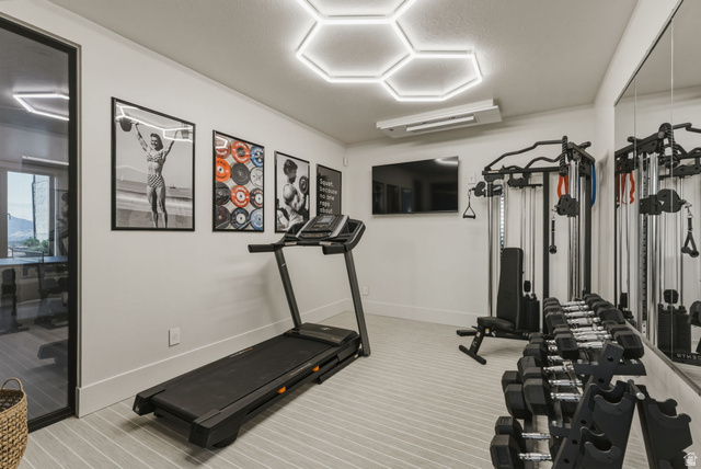923 North Emery Lane Elk Ridge, UT 84651 - Photo 72 of 101 Dedicated fitness room featuring striped flooring, full-wall mirror, and hexagonal ceiling lighting