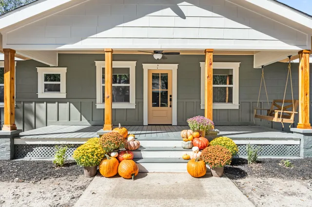 a front view of a house with patio