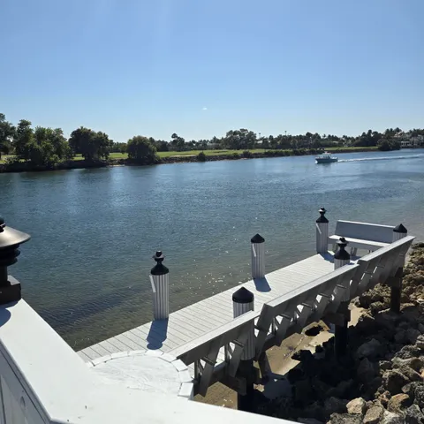 a view of a lake with a terrace
