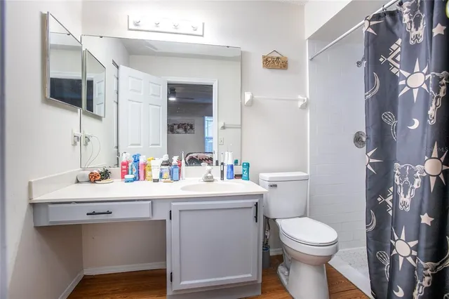 a bathroom with a sink mirror vanity and toilet