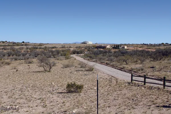 a view of a dry yard with trees in the background