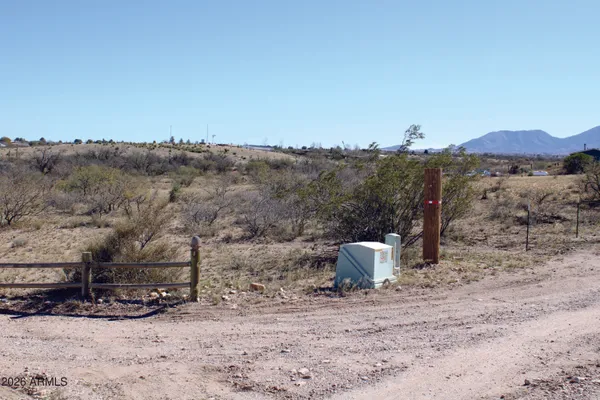 a view of a dry field with trees in the background