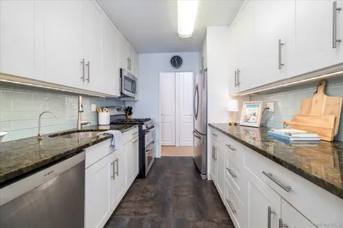a large kitchen with stainless steel appliances granite countertop a lot of counter space and a sink