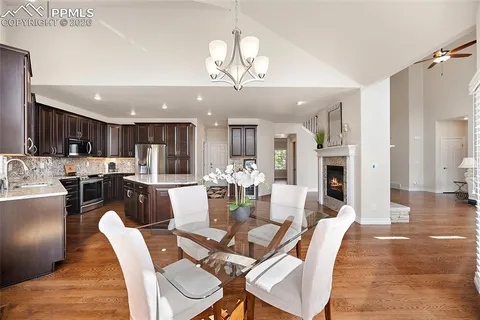 a view of a dining room with furniture
