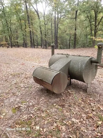 a view of a yard with large trees