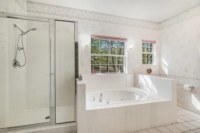 a bathroom with a bathtub and a shower