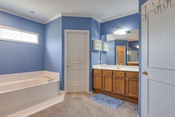 a bathroom with a tub a sink and a mirror