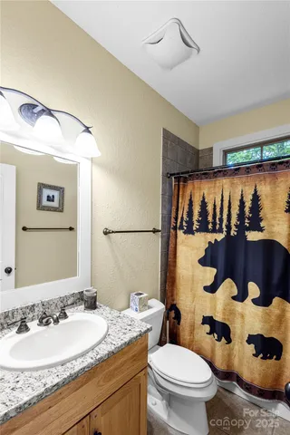 a bathroom with a granite countertop sink mirror vanity and toilet