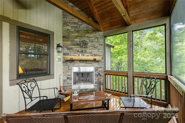 a living room with large window