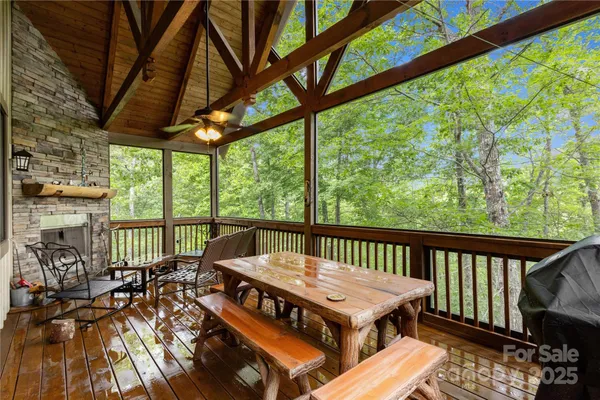 a view of a patio with wooden floor