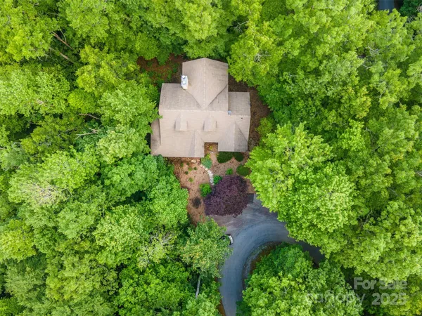 an aerial view of a house with a yard and large trees