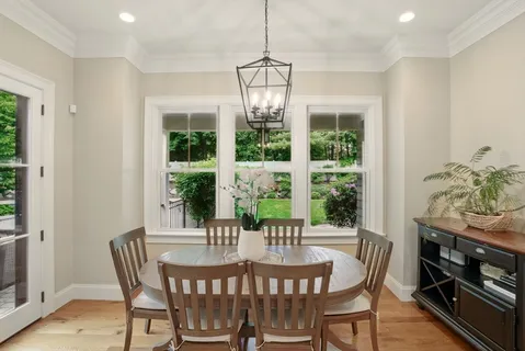 a view of a dining room with furniture window and outside view