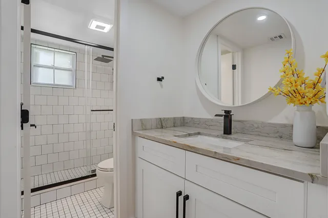 a bathroom with a granite countertop sink a mirror and shower