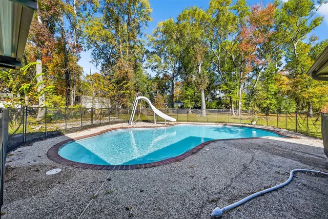 a view of a park with large trees