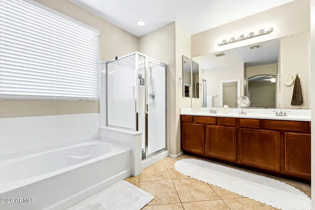 a bathroom with a tub sink shower and a mirror