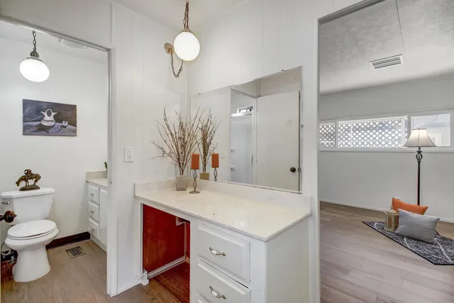 a bathroom with a sink vanity and a toilet