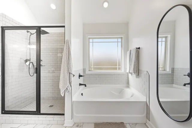 a bathroom with a bathtub and a shower