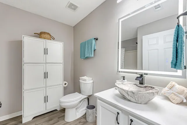 a bathroom with a sink toilet and vanity