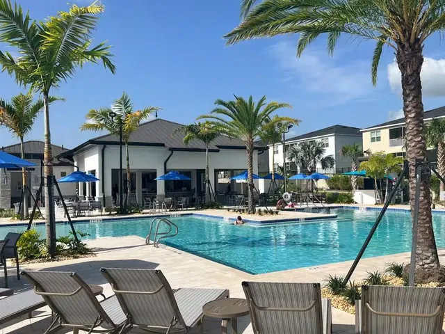 an aerial view of a pool
