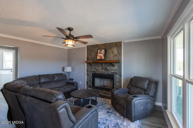 a living room with furniture and a fireplace