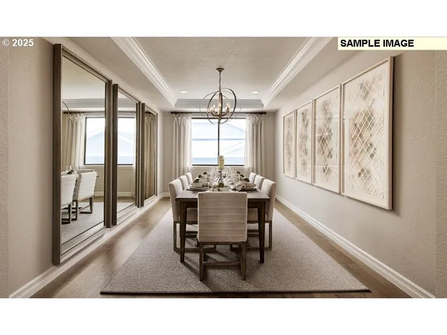 a dining room with furniture a chandelier and wooden floor