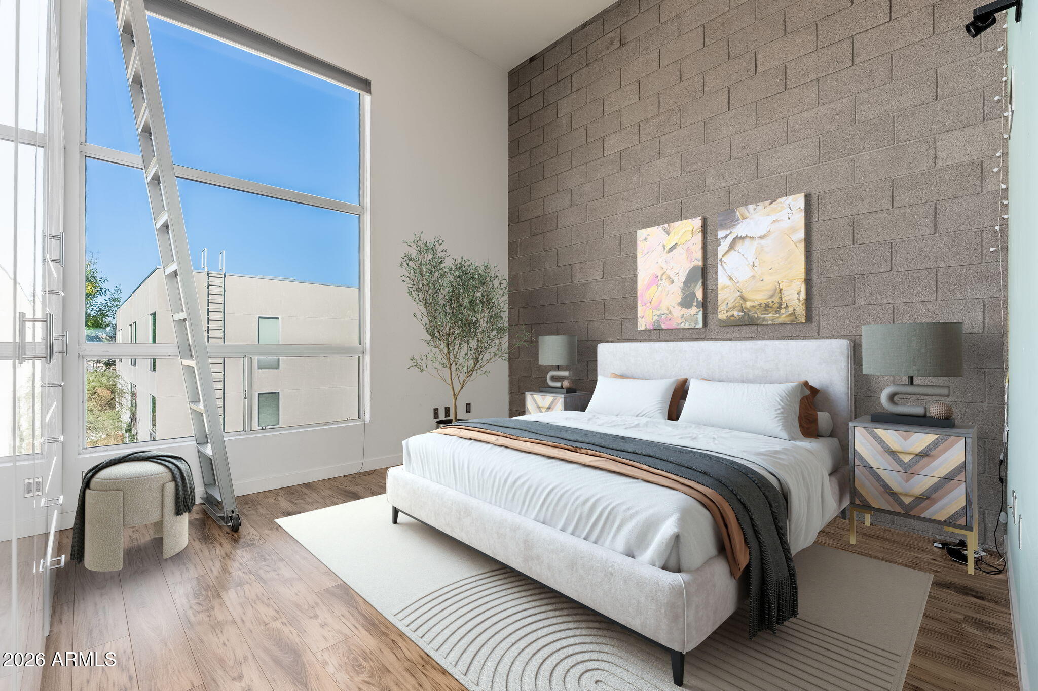 727 East Portland Street, Unit 6 Phoenix, AZ 85006 - Photo 6 of 31 a bedroom with a bed lamp and a large window with wooden floor