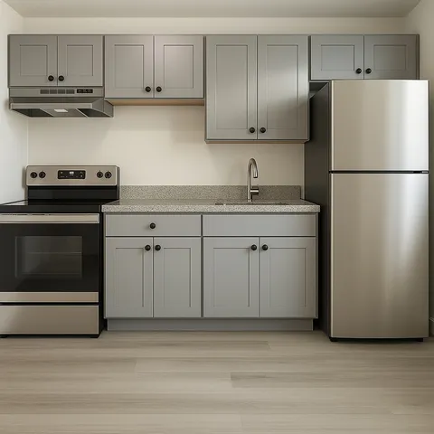 a kitchen with stainless steel appliances granite countertop a refrigerator a stove a sink and white cabinets