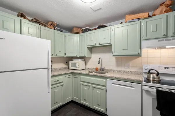 a kitchen with a sink a refrigerator and cabinets