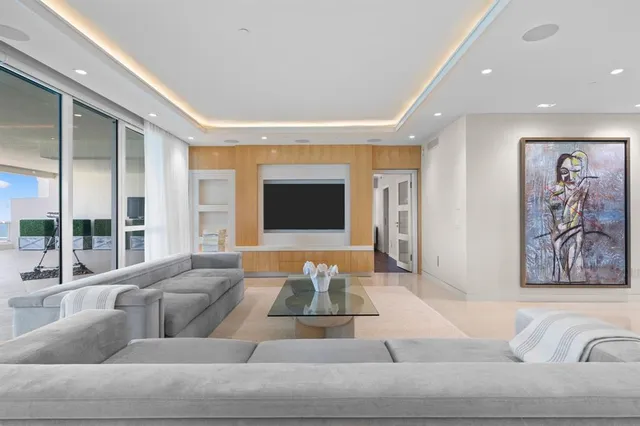 a living room with furniture and a potted plant