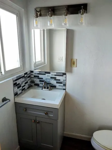 a bathroom with a sink a toilet and a mirror