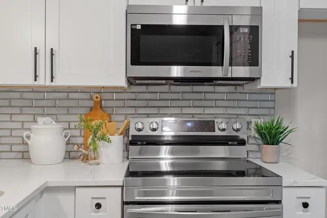 a kitchen with a stove and a potted plant