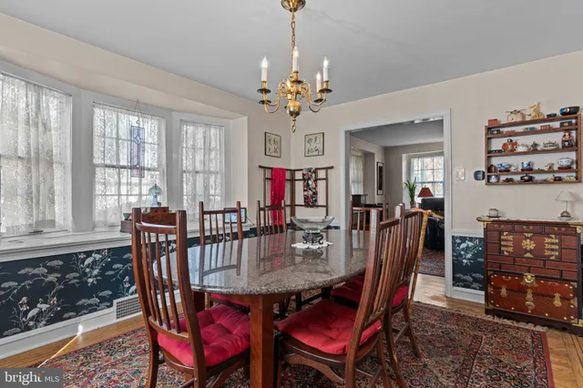 a view of a dining room with furniture