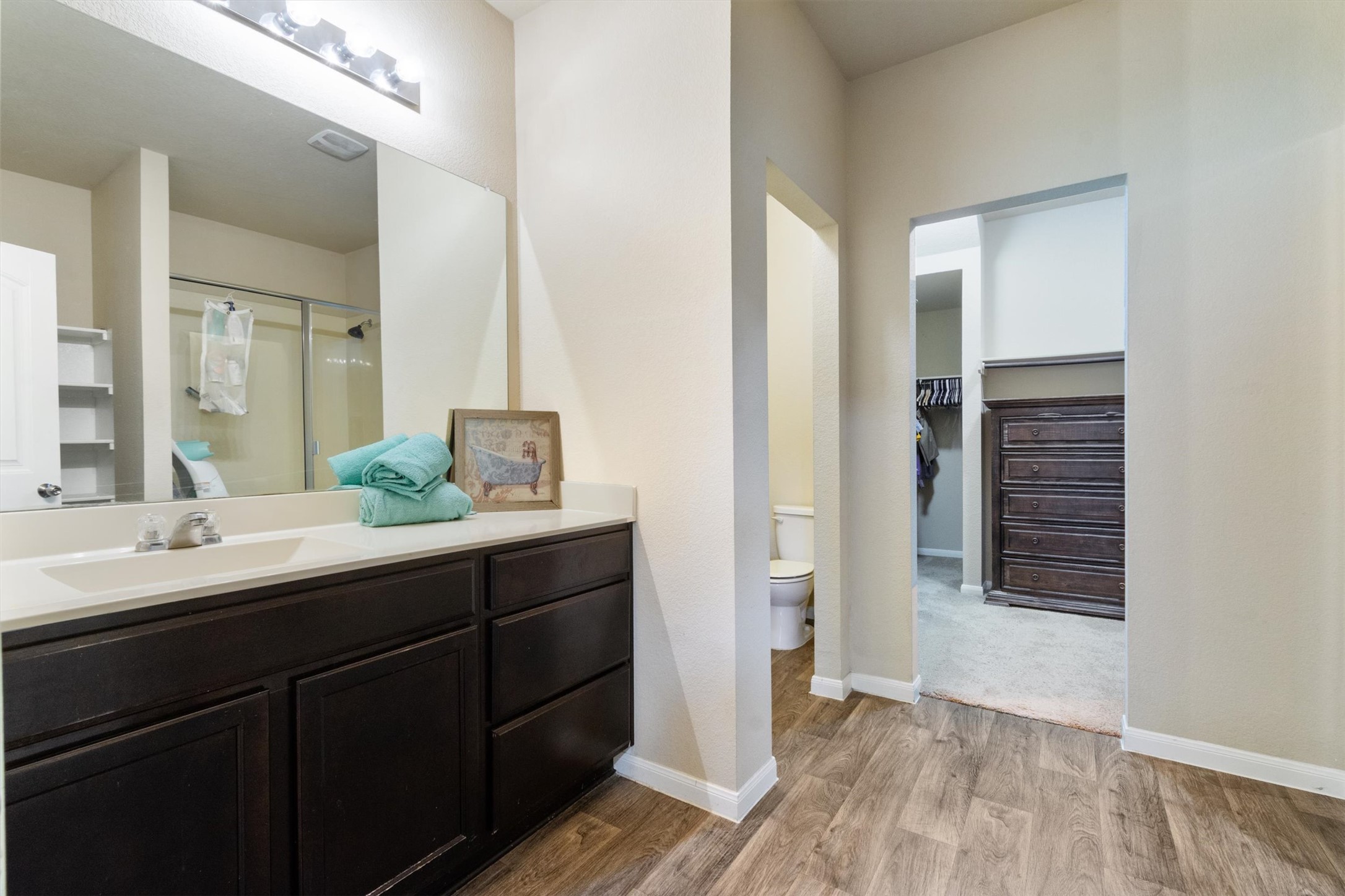 11620 Carbrook Road Manor, TX 78653 - Photo 19 of 40 a bathroom with a double vanity sink and mirror