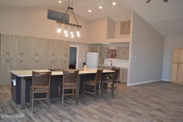 a view of a dining room with furniture