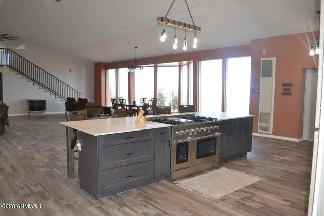 a view of a dining room with furniture
