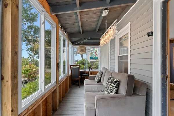 a front view of a house with patio