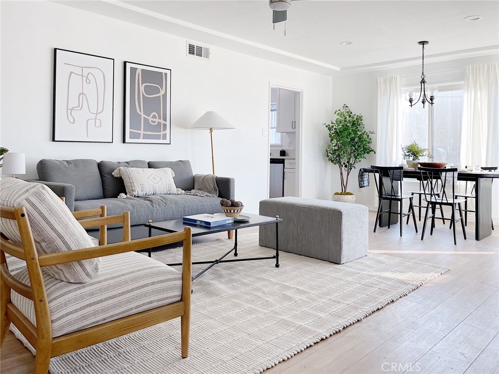 a living room with furniture a dining table and a potted plant