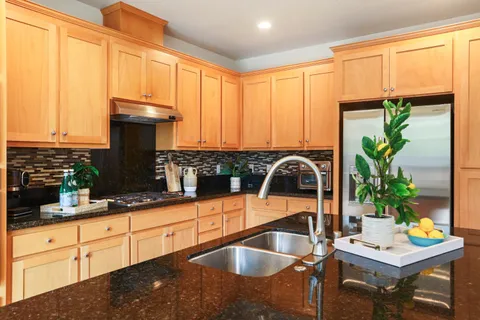 a kitchen with granite countertop a sink potted plant and a window