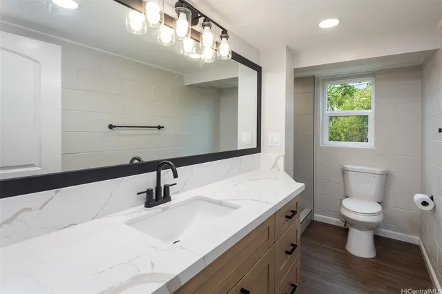 a bathroom with a sink a toilet a mirror and window