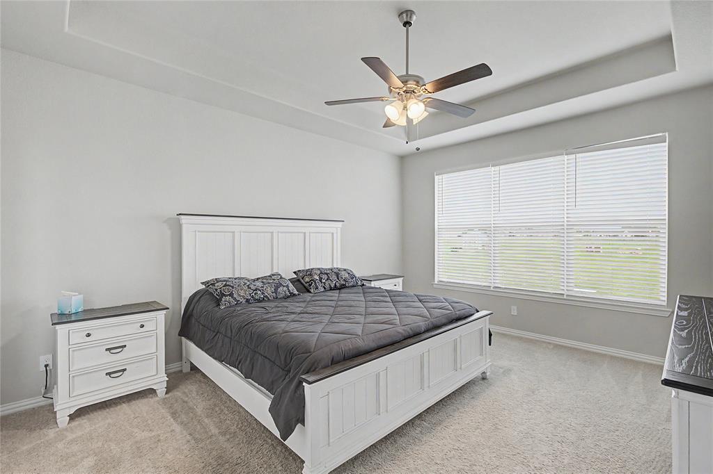 185 Chester Road Springtown, TX 76082 - Photo 3 of 40 Spacious room featuring a tray ceiling, ceiling fan with integrated lighting, expansive window with horizontal blinds, and neutral carpeting