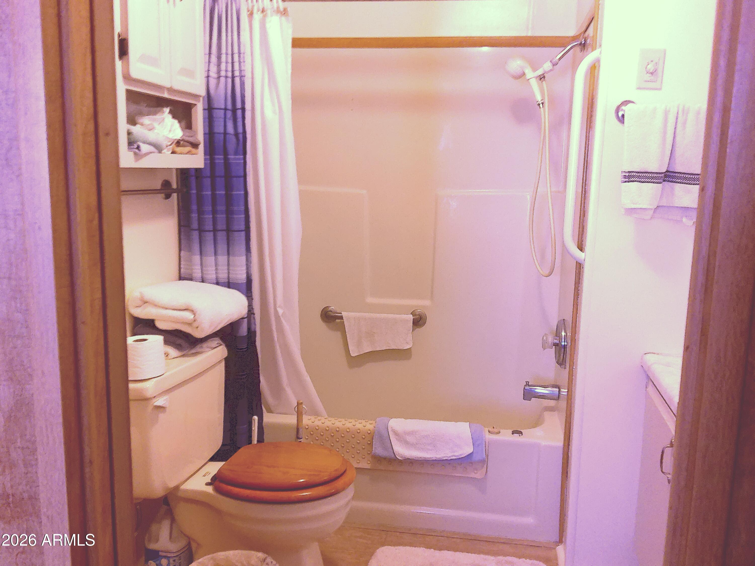 800 West Apache Trail, Unit 142 Apache Junction, AZ 85120 - Photo 20 of 33 a bathroom with a sink a toilet a mirror and shower