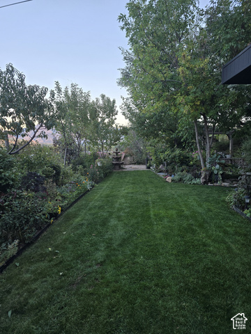 1397 Ritter Drive Riverdale, UT 84405 - Photo 20 of 21 Expansive backyard featuring a manicured lawn with mature shade trees, established hedges and perimeter landscaping, and a covered structure visible at the property's rear