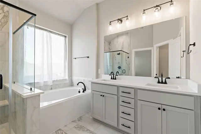 a bathroom with a double vanity sink large mirror and a bathtub