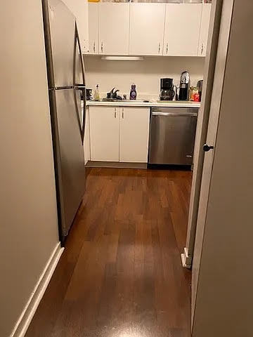 211 East Ohio Street, Unit 1003 Chicago, IL 60611 - Photo 4 of 11 a view of kitchen with stainless steel appliances refrigerator stove and wooden floor