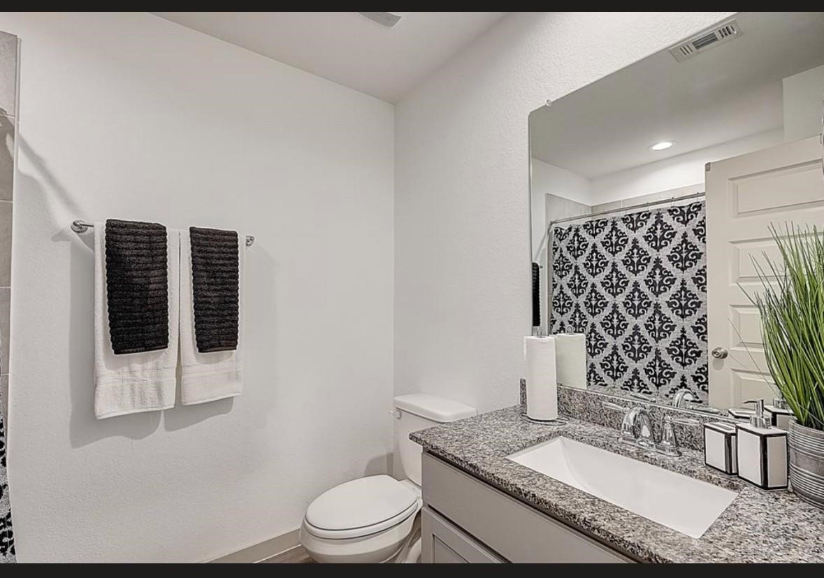 1246 Truckee River Drive Rosharon, TX 77583 - Photo 19 of 23 This bathroom features a modern design with a granite countertop, sleek faucet, and large mirror. It includes a shower with a patterned curtain, and the decor is simple with black and white towels and a small plant for a touch of greenery.