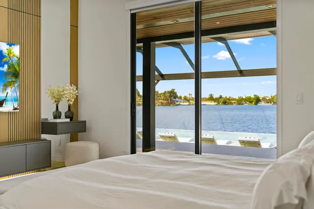 a bedroom with a bed and a large window